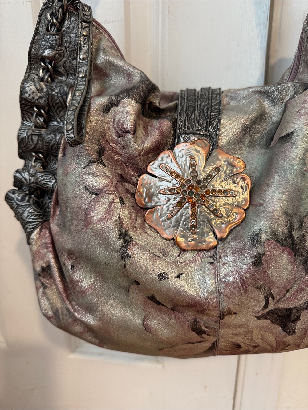 Vintage Sharif Studio Metallic Leather Floral Shoulder Bag Purse Flower Boho - Picture 3 of 12